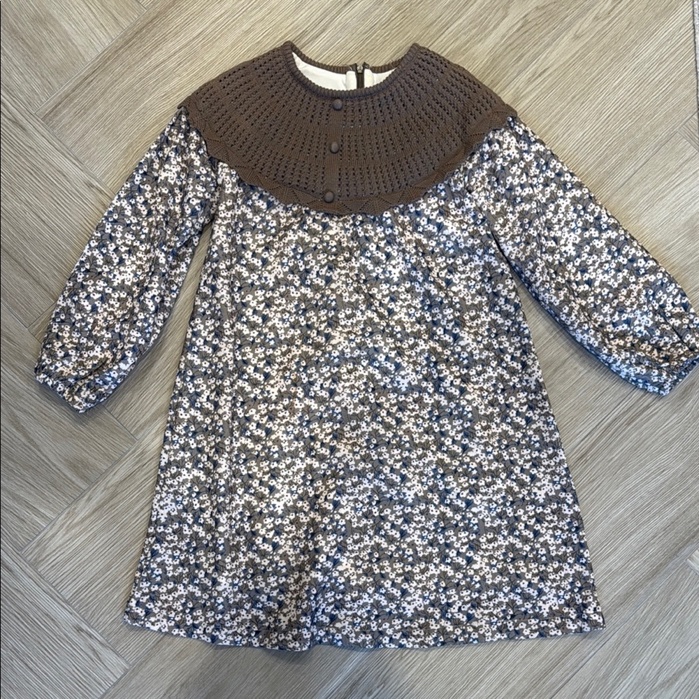 Floral Long Sleeve Dress with Brown Yoke